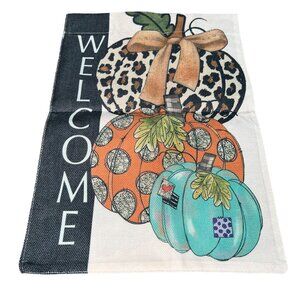 Welcome Autumn Fall Harvest Pumpkin Garden Flag Leopard Polka Dot & Teal Design